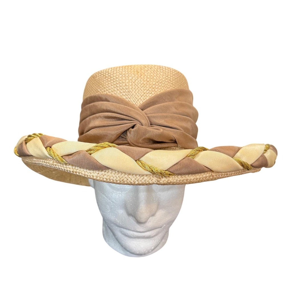 Whittall & Shon Vintage Straw Sun Hat Braided‎ Gold Trim Wide Brim Made in USA